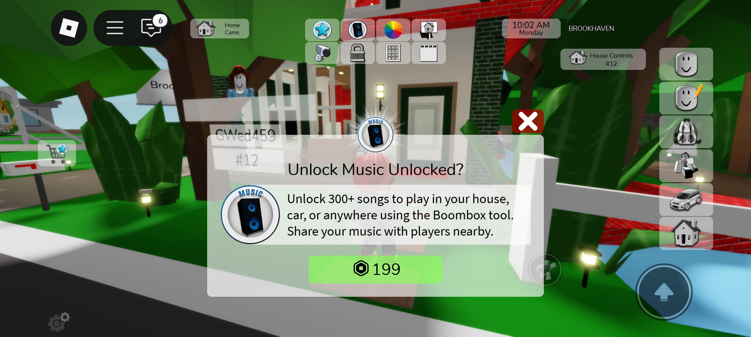 Pop-up menu in Roblox' Brookhaven om muziek te 'unlocken'