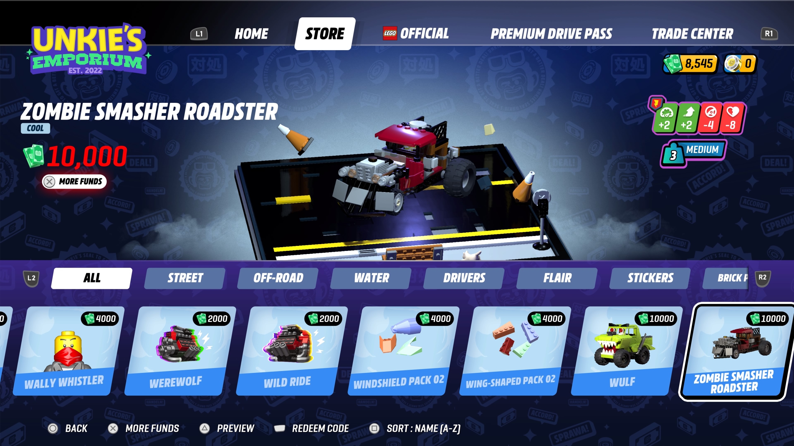 Screenshot van de in-game winkel in LEGO 2K Drive