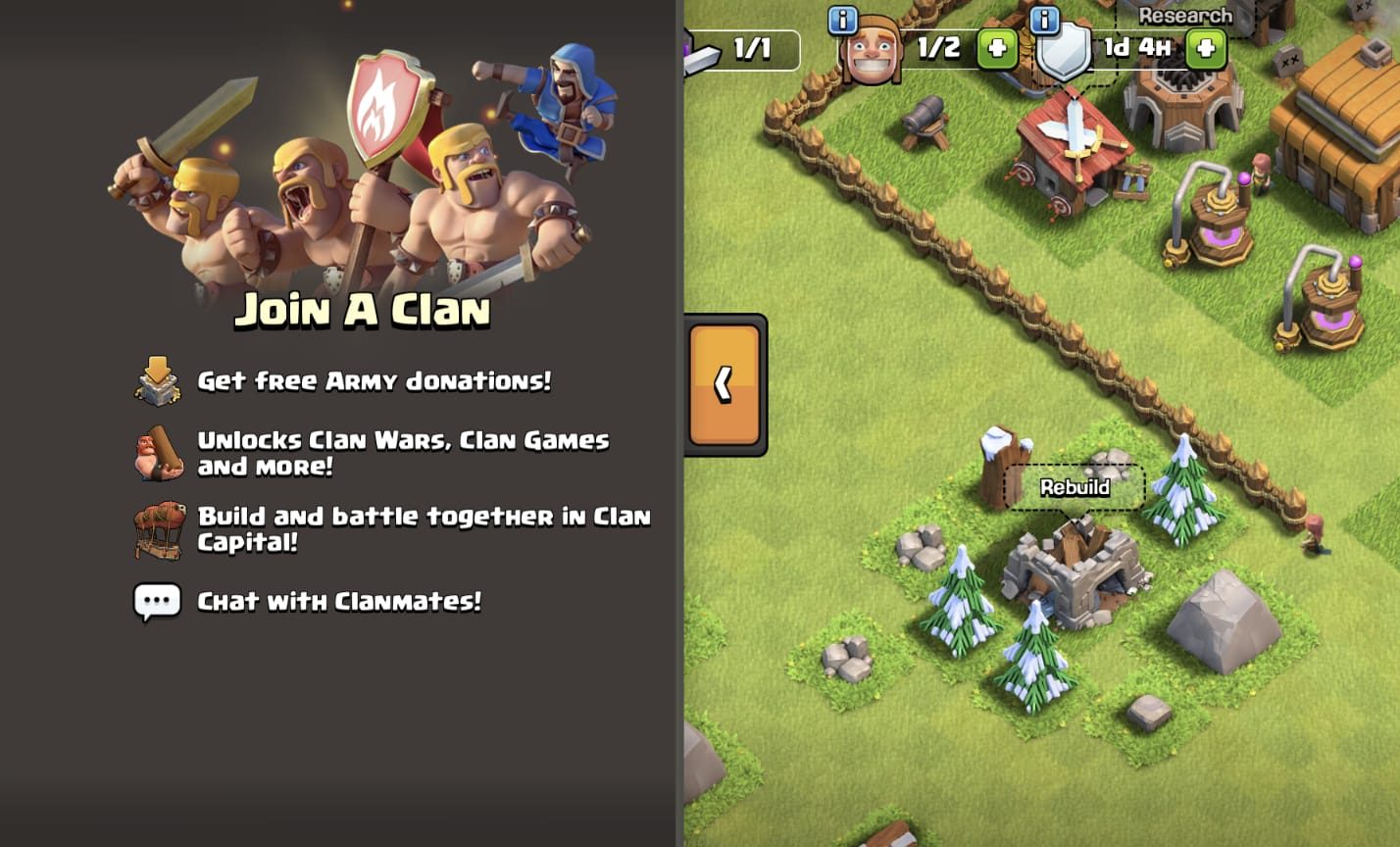 Menu met informatie over het aansluiten bij een clan