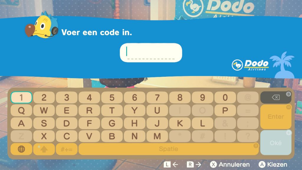 Scherm in Animal Crossing: New Horizons waar je een Dodo code moet invoeren.