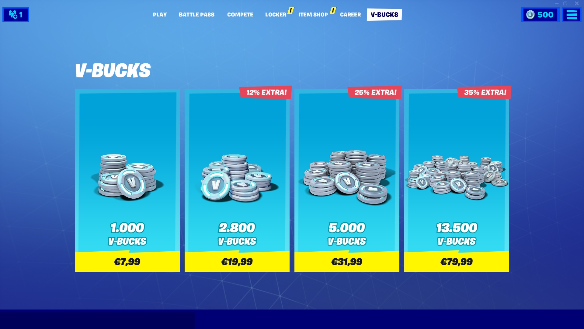 Overzicht van V-Bucks prijzen te koop in Fortnite